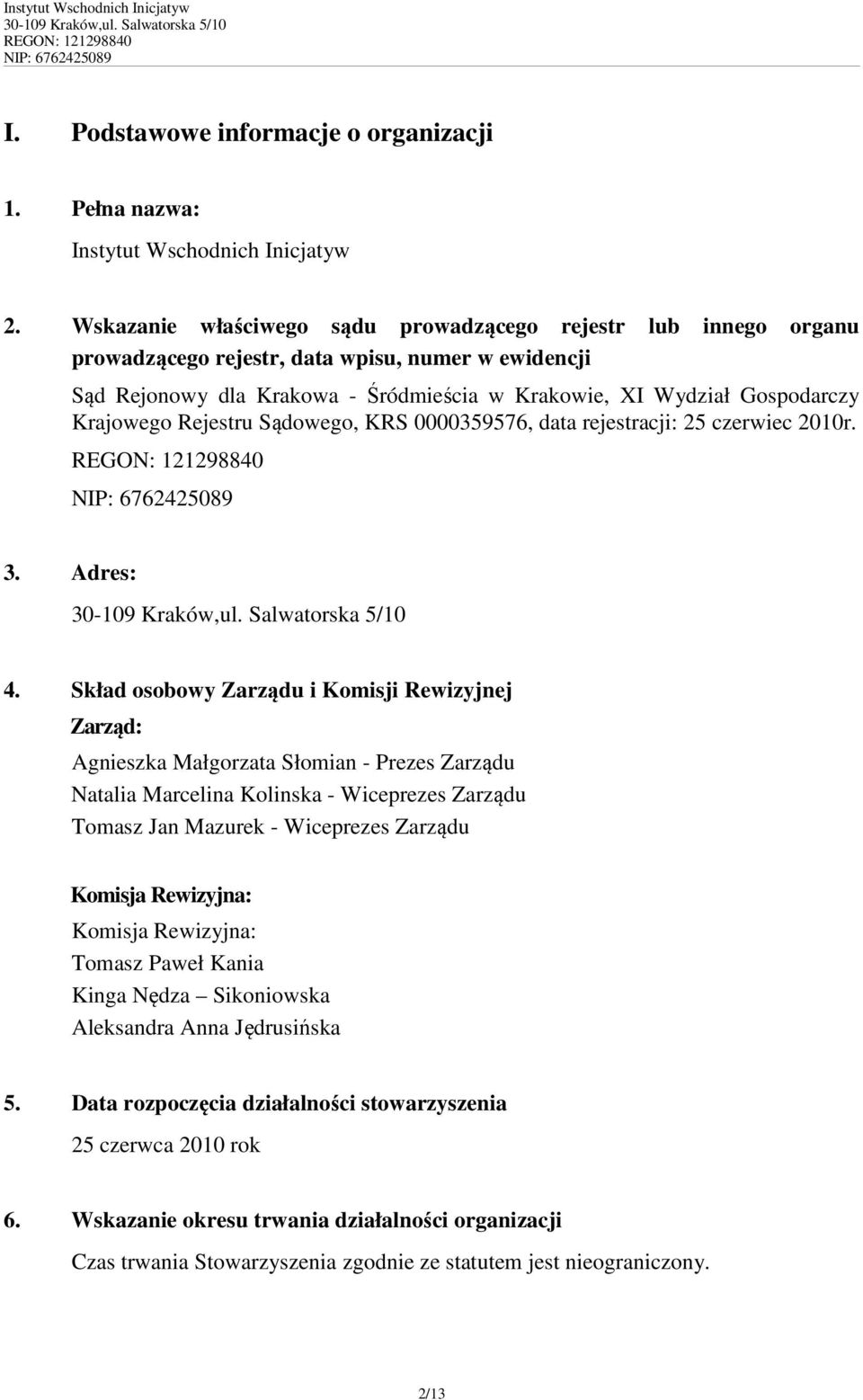 Krajowego Rejestru Sądowego, KRS 0000359576, data rejestracji: 25 czerwiec 2010r. 3. Adres: 4.