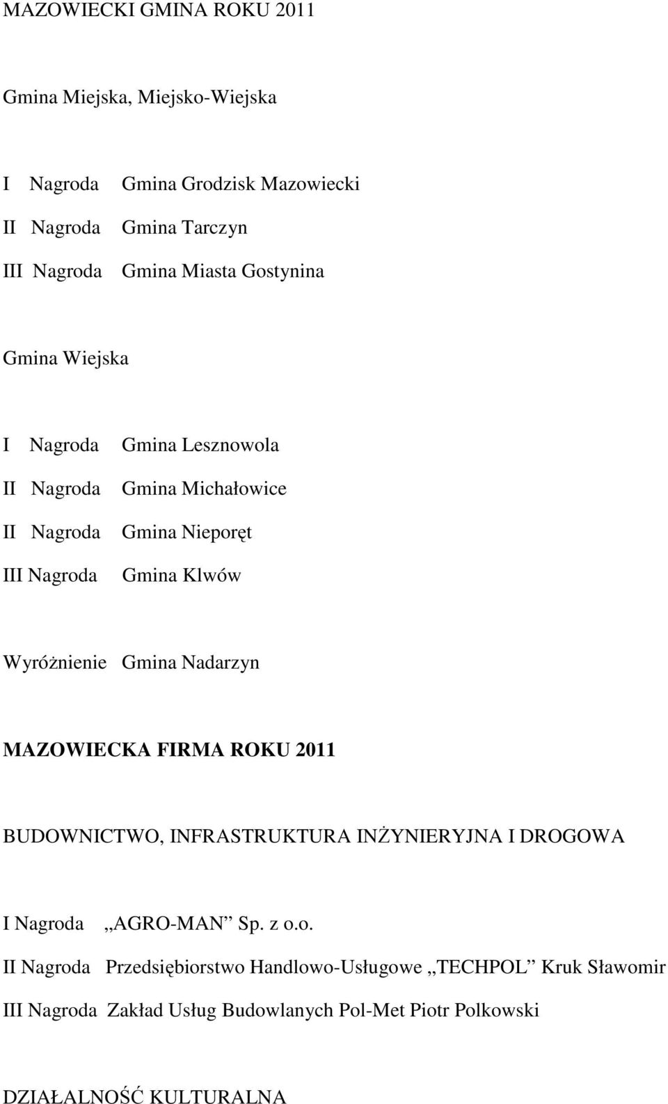 Nadarzyn MAZOWIECKA FIRMA ROKU 2011 BUDOWNICTWO, INFRASTRUKTURA INŻYNIERYJNA I DROGOWA AGRO-MAN Sp. z o.