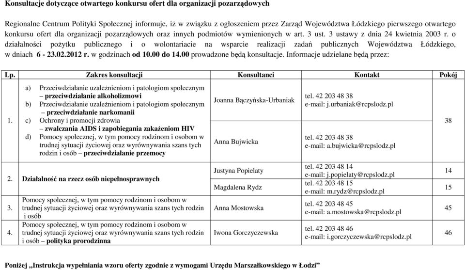 o działalności pożytku publicznego i o wolontariacie na wsparcie realizacji zadań publicznych Województwa Łódzkiego, w dniach 6-23.02.2012 r. w godzinach od 10.00 do 14.00 prowadzone będą konsultacje.