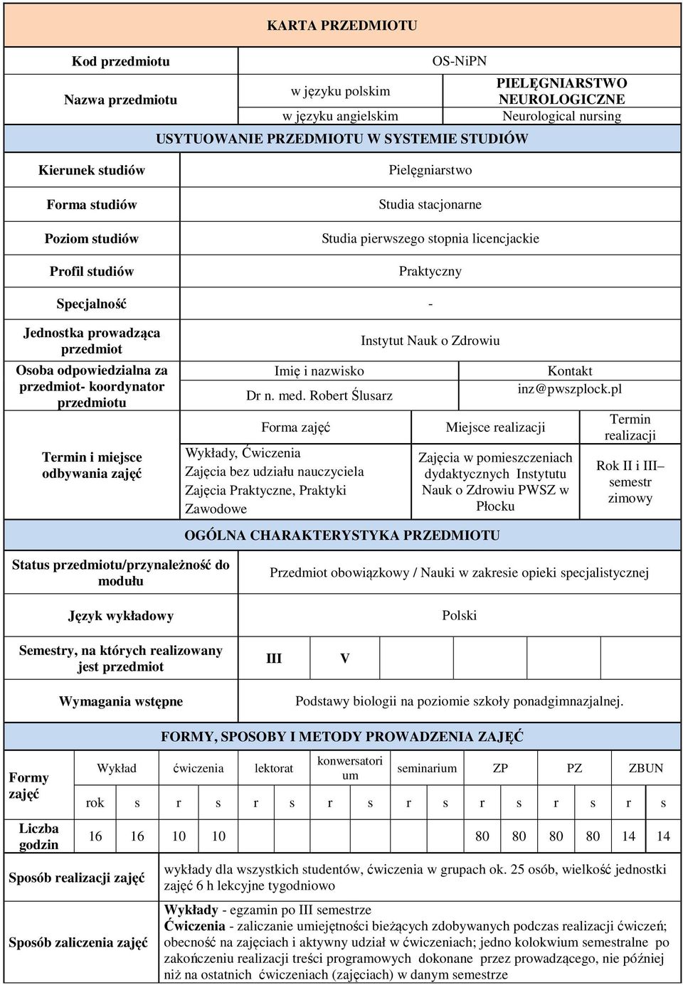 przedmiot- koordynator przedmiotu Termin i miejsce odbywania zajęć Imię i nazwisko Dr n. med.