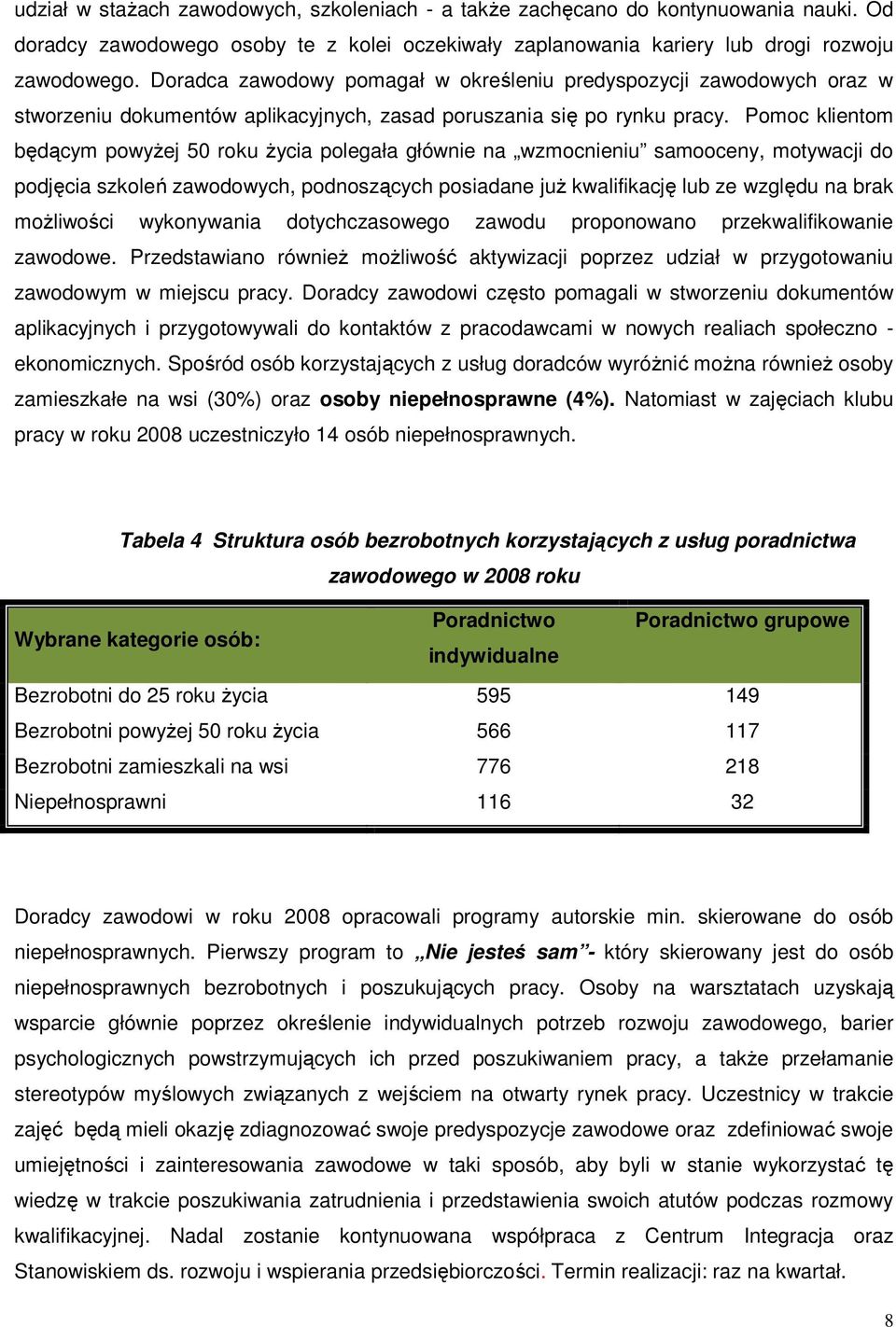 Pomoc klientom będącym powyŝej 50 roku Ŝycia polegała głównie na wzmocnieniu samooceny, motywacji do podjęcia szkoleń zawodowych, podnoszących posiadane juŝ kwalifikację lub ze względu na brak