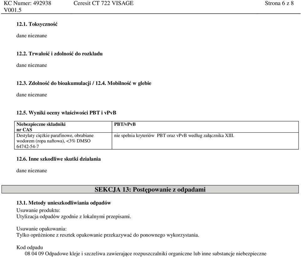 6. Inne szkodliwe skutki działania dane nieznane 13.1. Metody unieszkodliwiania odpadów Usuwanie produktu: Utylizacja odpadów zgodnie z lokalnymi przepisami.