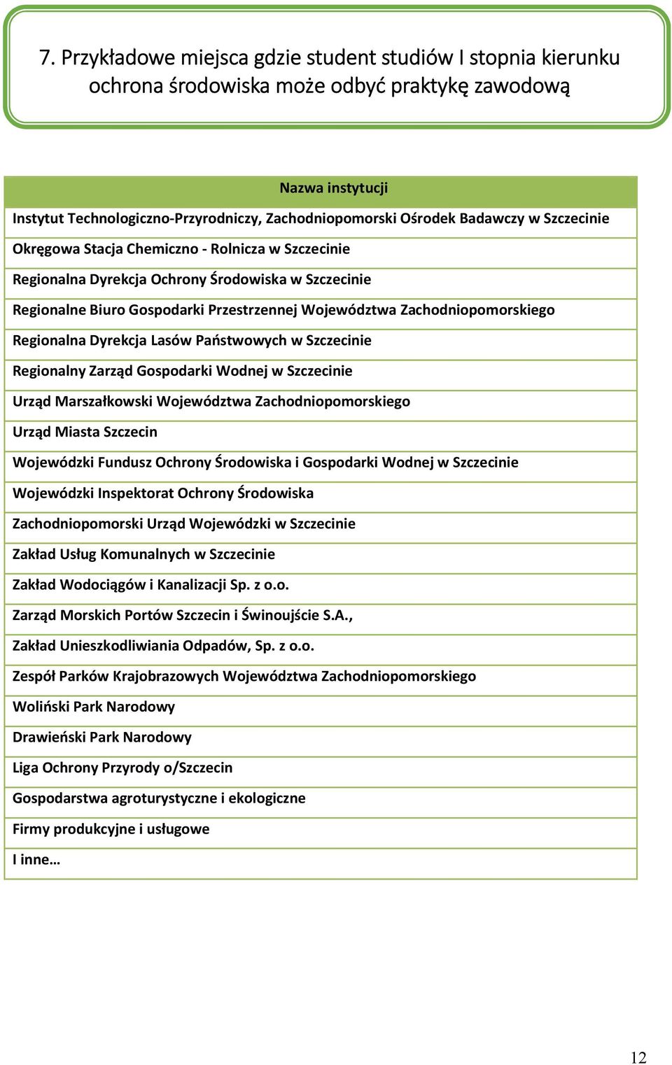 Regionalna Dyrekcja Lasów Państwowych w Szczecinie Regionalny Zarząd Gospodarki Wodnej w Szczecinie Urząd Marszałkowski Województwa Zachodniopomorskiego Urząd Miasta Szczecin Wojewódzki Fundusz