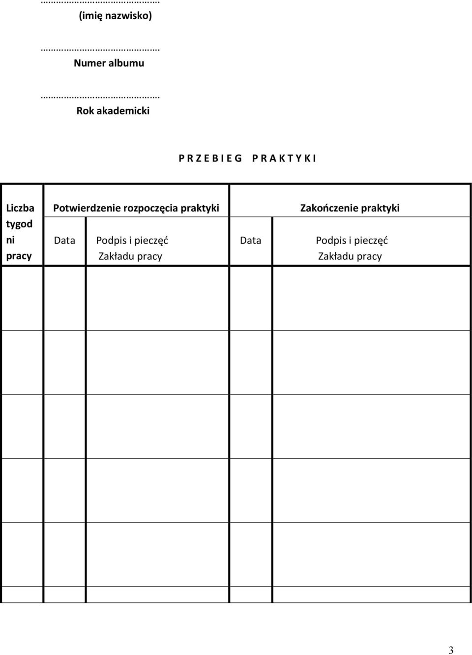 tygod ni pracy Potwierdzenie rozpoczęcia praktyki Data