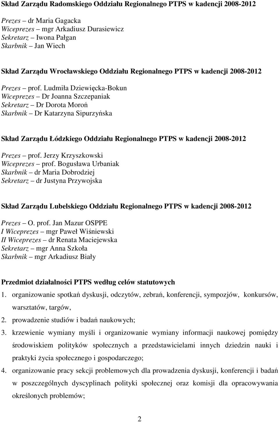 Ludmiła Dziewięcka-Bokun Wiceprezes Dr Joanna Szczepaniak Sekretarz Dr Dorota Moroń Skarbnik Dr Katarzyna Sipurzyńska Skład Zarządu Łódzkiego Oddziału Regionalnego PTPS w kadencji 2008-2012 Prezes