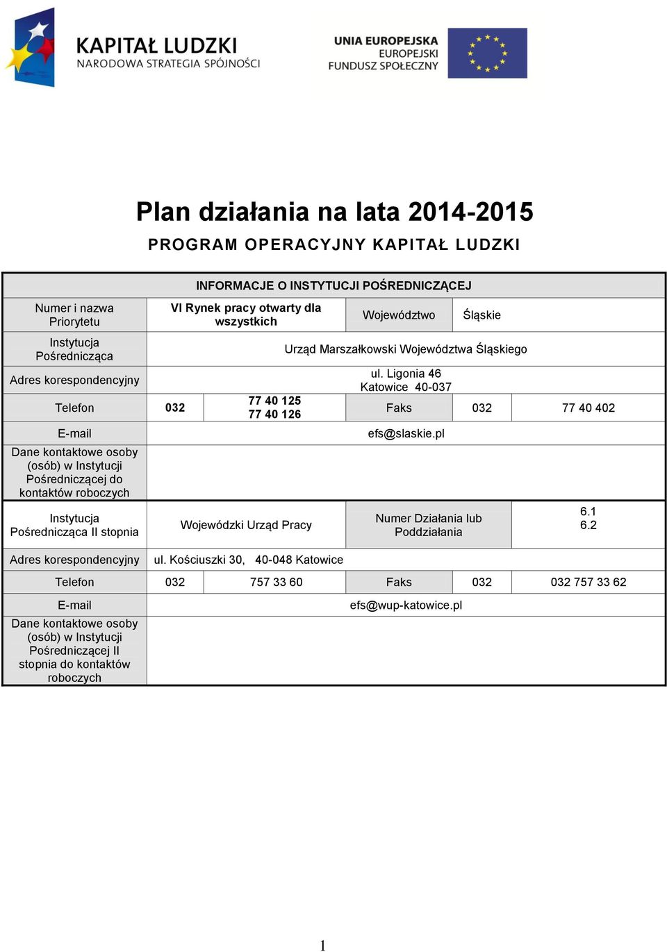 40 126 Wojewódzki Urząd Pracy ul. Kościuszki 30, 40-048 Katowice Województwo Śląskie Urząd Marszałkowski Województwa Śląskiego ul. Ligonia 46 Katowice 40-037 Faks 032 77 40 402 efs@slaskie.