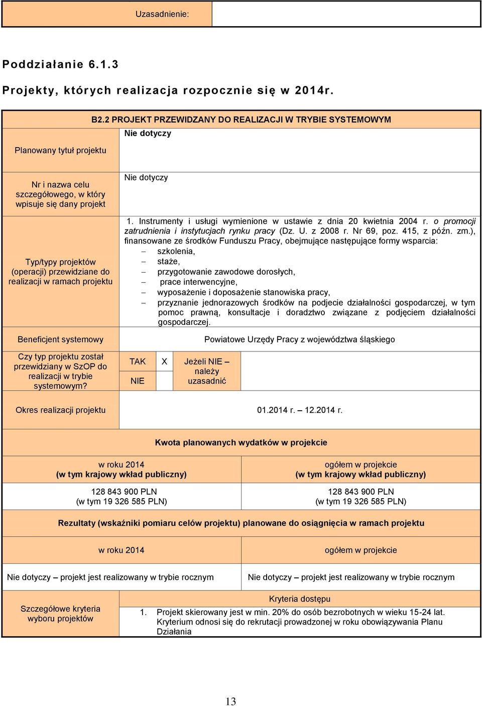 projektu Beneficjent systemowy Czy typ projektu został przewidziany w SzOP realizacji w trybie systemowym? Nie tyczy 1. Instrumenty i usługi wymienione w ustawie z dnia 20 kwietnia 2004 r.