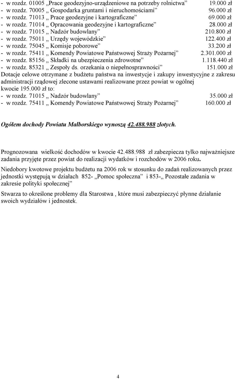 75045 Komisje poborowe 33.200 zł - w rozdz. 75411 Komendy Powiatowe Państwowej Straży Pożarnej 2.301.000 zł - w rozdz. 85156 Składki na ubezpieczenia zdrowotne 1.118.440 zł - w rozdz.