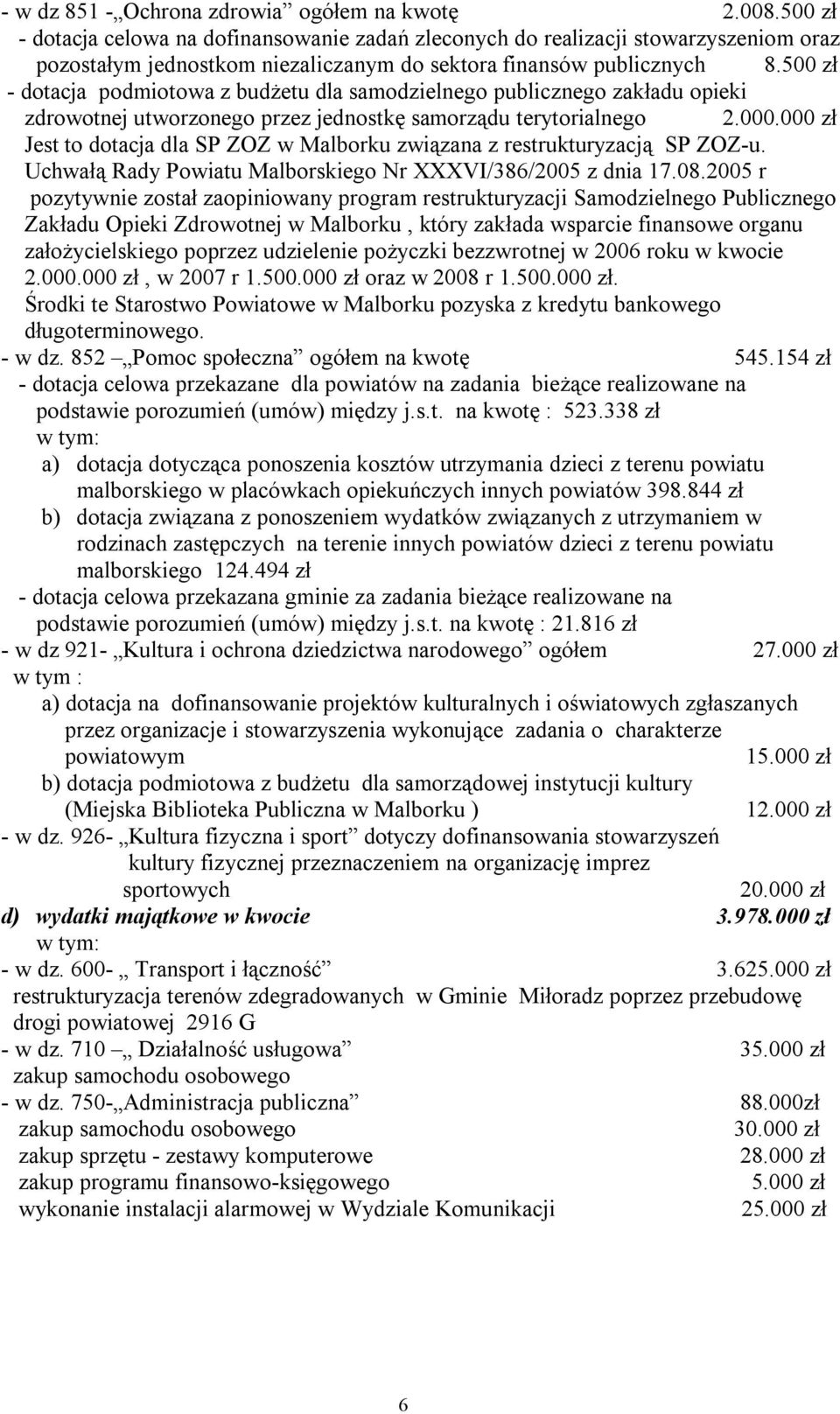 500 zł - dotacja podmiotowa z budżetu dla samodzielnego publicznego zakładu opieki zdrowotnej utworzonego przez jednostkę samorządu terytorialnego 2.000.