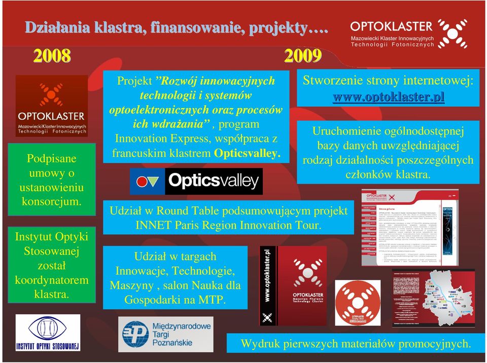 Udział w targach Innowacje, Technologie, Maszyny, salon Nauka dla Gospodarki na MTP. 2009 Udział w Round Table podsumowującym projekt INNET Paris Region Innovation Tour.