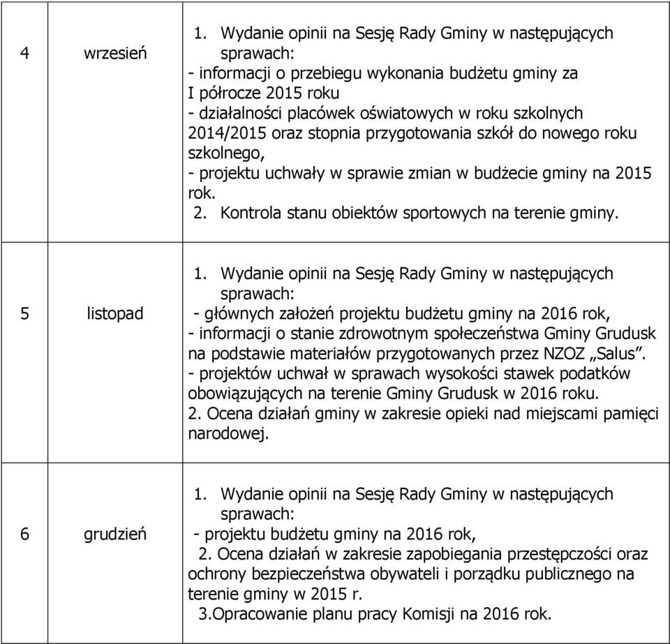 5 listopad - głównych założeń projektu budżetu gminy na 2016 rok, - informacji o stanie zdrowotnym społeczeństwa Gminy Grudusk na podstawie materiałów przygotowanych przez NZOZ Salus.