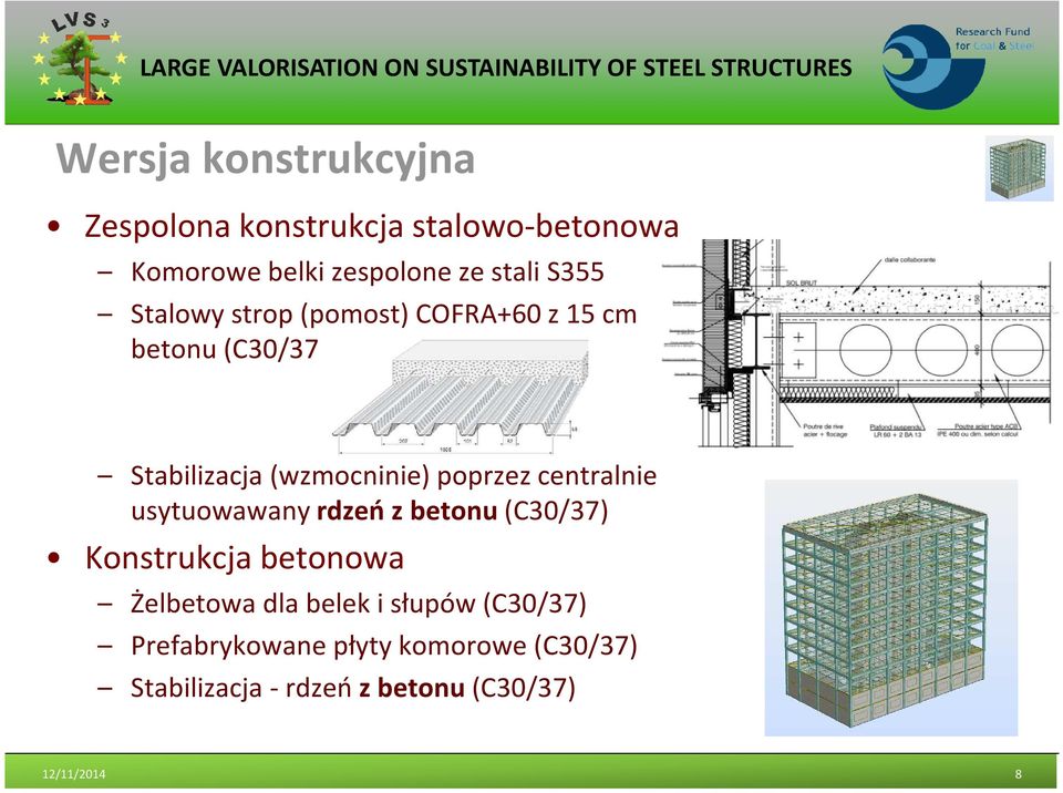 centralnie usytuowawany rdzeń z betonu (C30/37) Konstrukcja betonowa Żelbetowa dla belek i