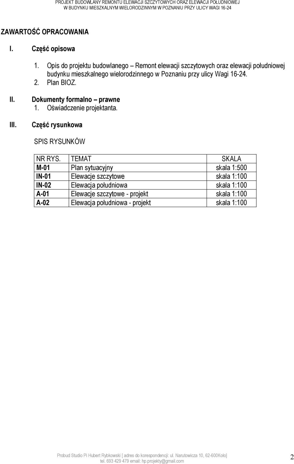 Dokumenty formalno prawne 1. Oświadczenie projektanta. Część rysunkowa SPIS RYSUNKÓW NR RYS.