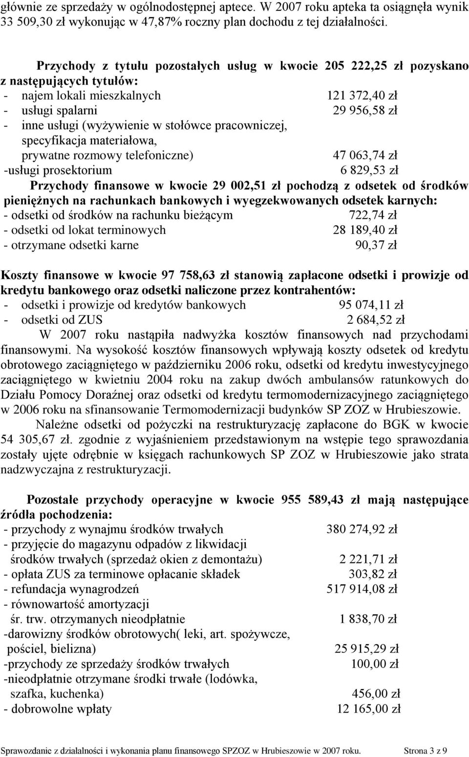 stołówce pracowniczej, specyfikacja materiałowa, prywatne rozmowy telefoniczne) 47 063,74 zł -usługi prosektorium 6 829,53 zł Przychody finansowe w kwocie 29 002,51 zł pochodzą z odsetek od środków