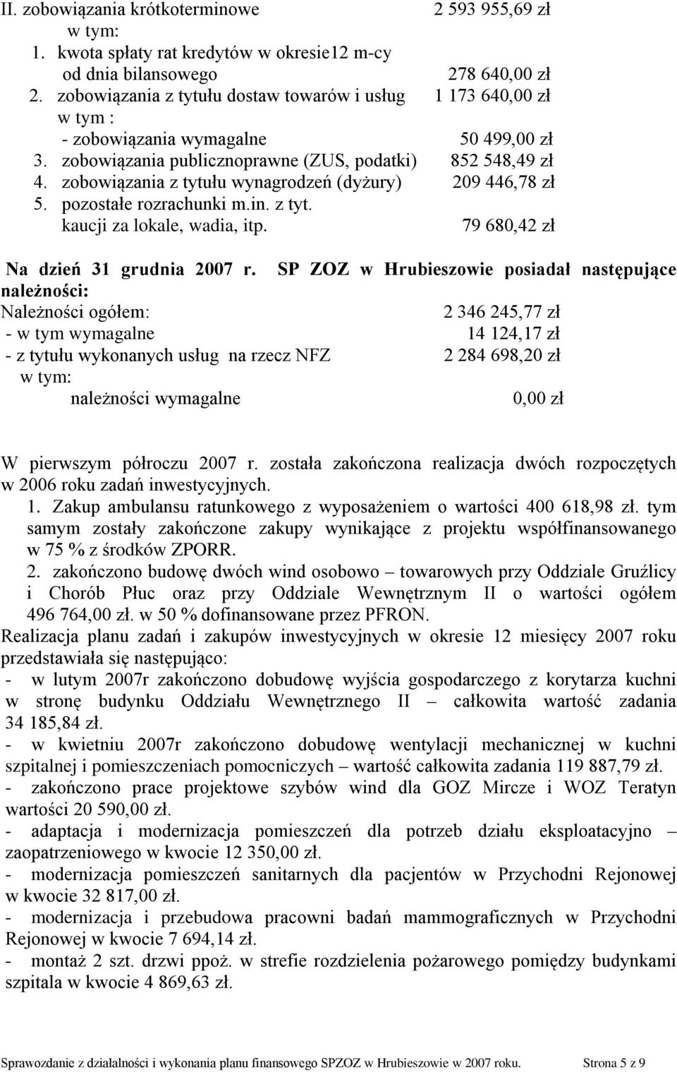 zobowiązania z tytułu wynagrodzeń (dyżury) 209 446,78 zł 5. pozostałe rozrachunki m.in. z tyt. kaucji za lokale, wadia, itp. 79 680,42 zł Na dzień 31 grudnia 2007 r.