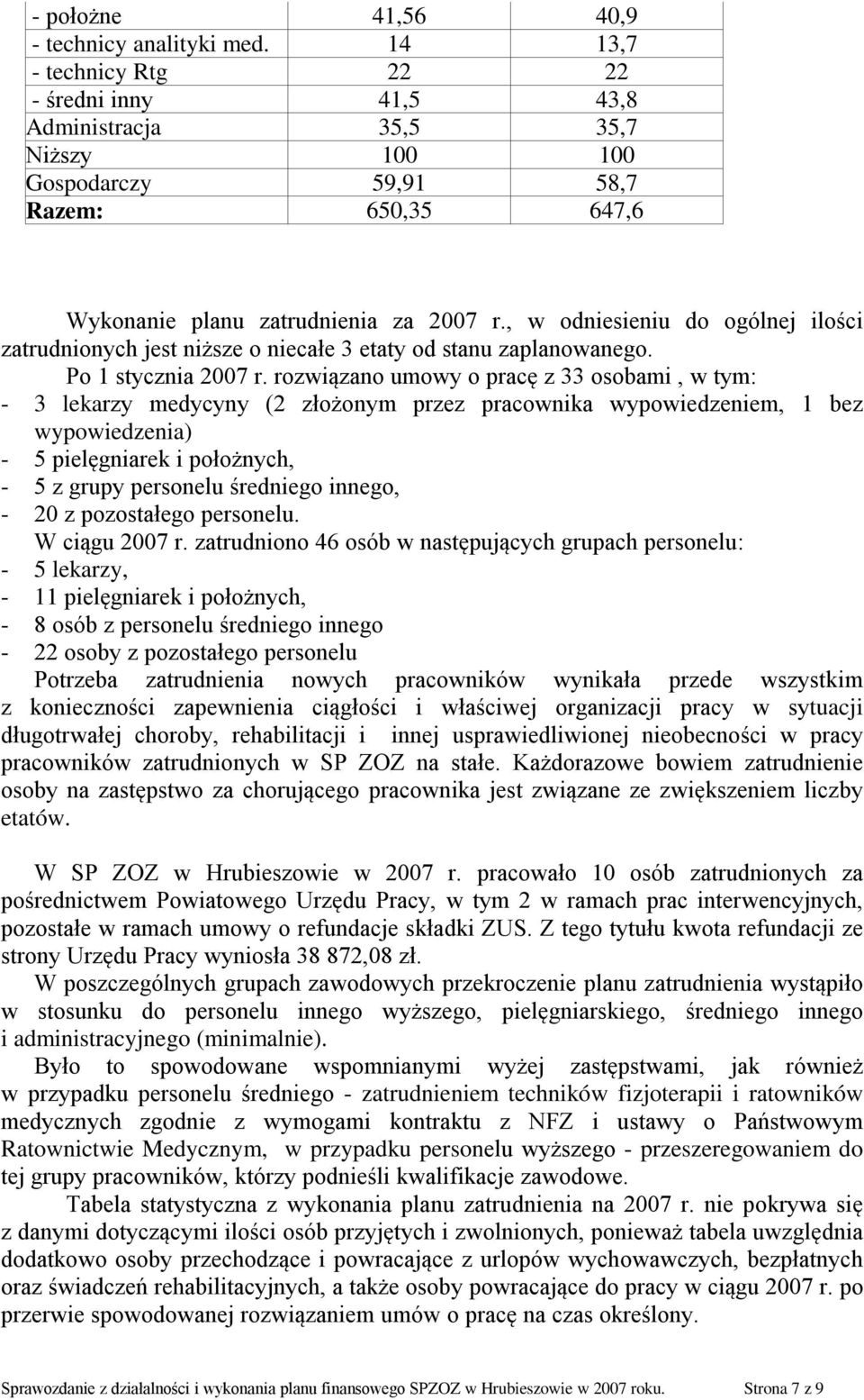 , w odniesieniu do ogólnej ilości zatrudnionych jest niższe o niecałe 3 etaty od stanu zaplanowanego. Po 1 stycznia 2007 r.