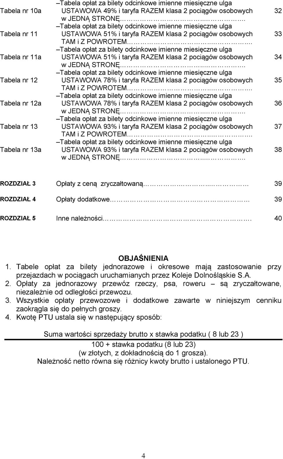 .. Tabela opłat za bilety odcinkowe imienne miesięczne ulga USTAWOWA 51% i taryfa RAZEM klasa 2 pociągów osobowych w JEDNĄ STRONĘ.