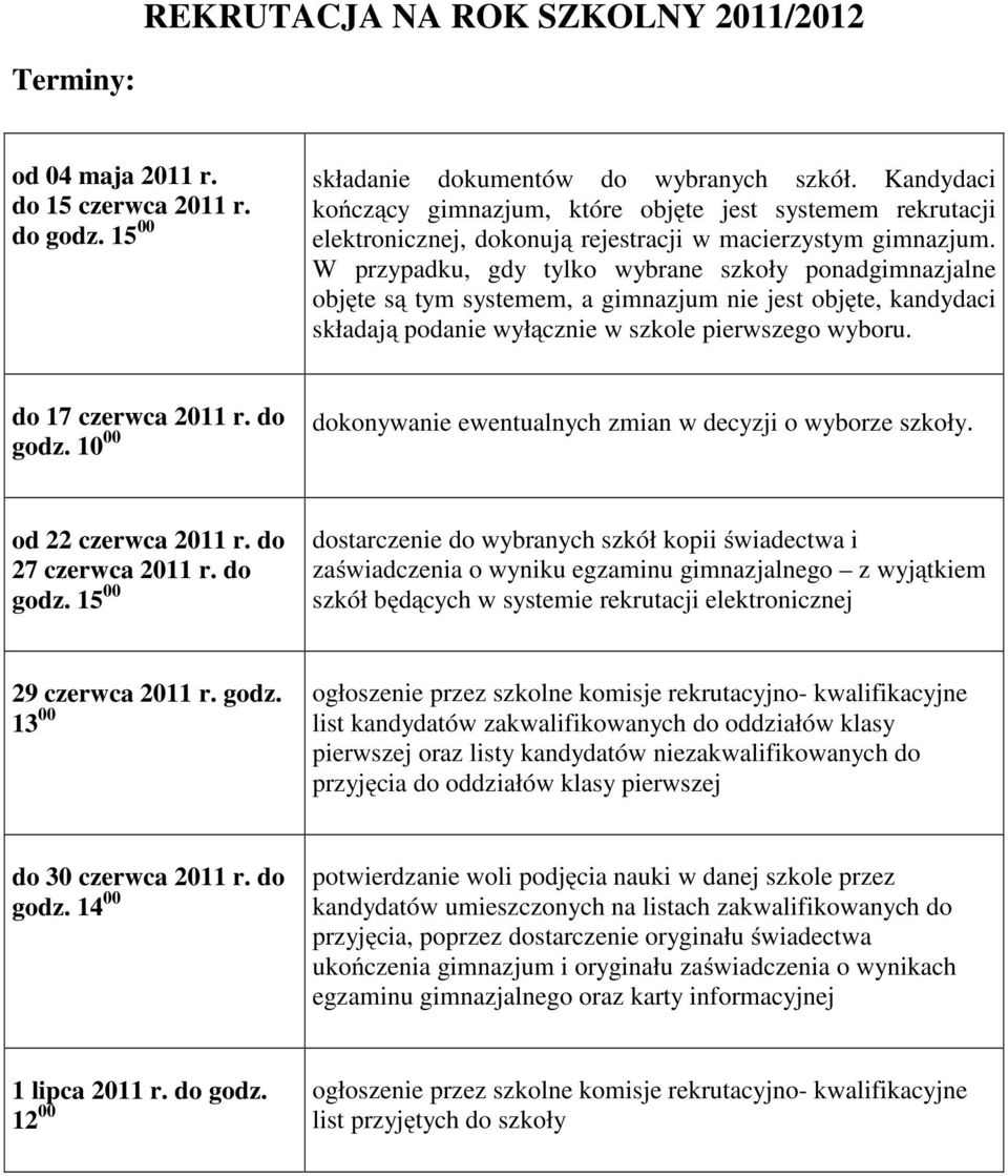 W przypadku, gdy tylko wybrane szkoły ponadgimnazjalne objęte są tym systemem, a gimnazjum nie jest objęte, kandydaci składają podanie wyłącznie w szkole pierwszego wyboru. do 17 czerwca 2011 r.