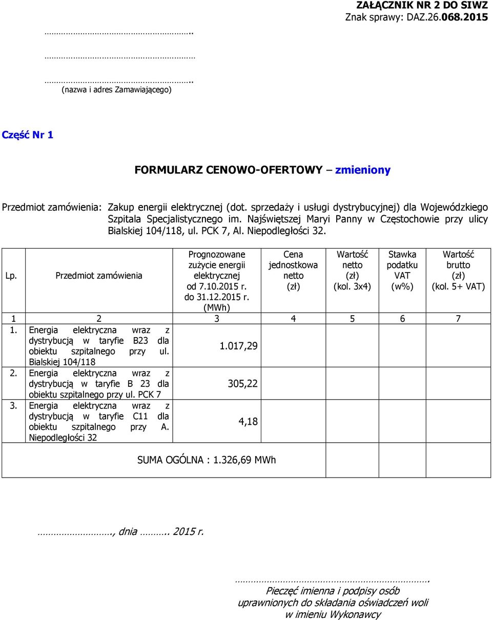 Przedmiot zamówienia Prognozowane zużycie energii elektrycznej od 7.10.2015 r. do 31.12.2015 r. (MWh) Cena jednostkowa netto (zł) Wartość netto (zł) (kol.