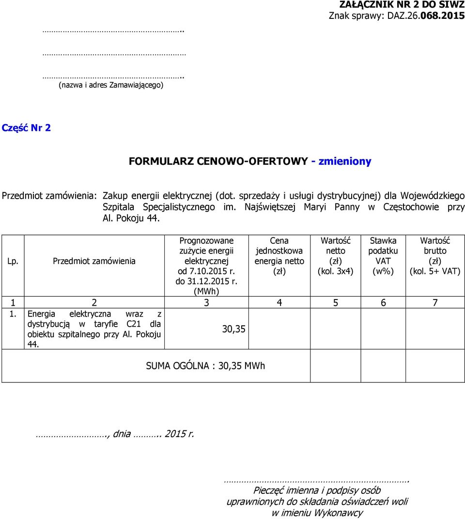 Przedmiot zamówienia Prognozowane zużycie energii elektrycznej od 7.10.2015 r. do 31.12.2015 r. (MWh) Cena jednostkowa energia netto (zł) Wartość netto (zł) (kol.