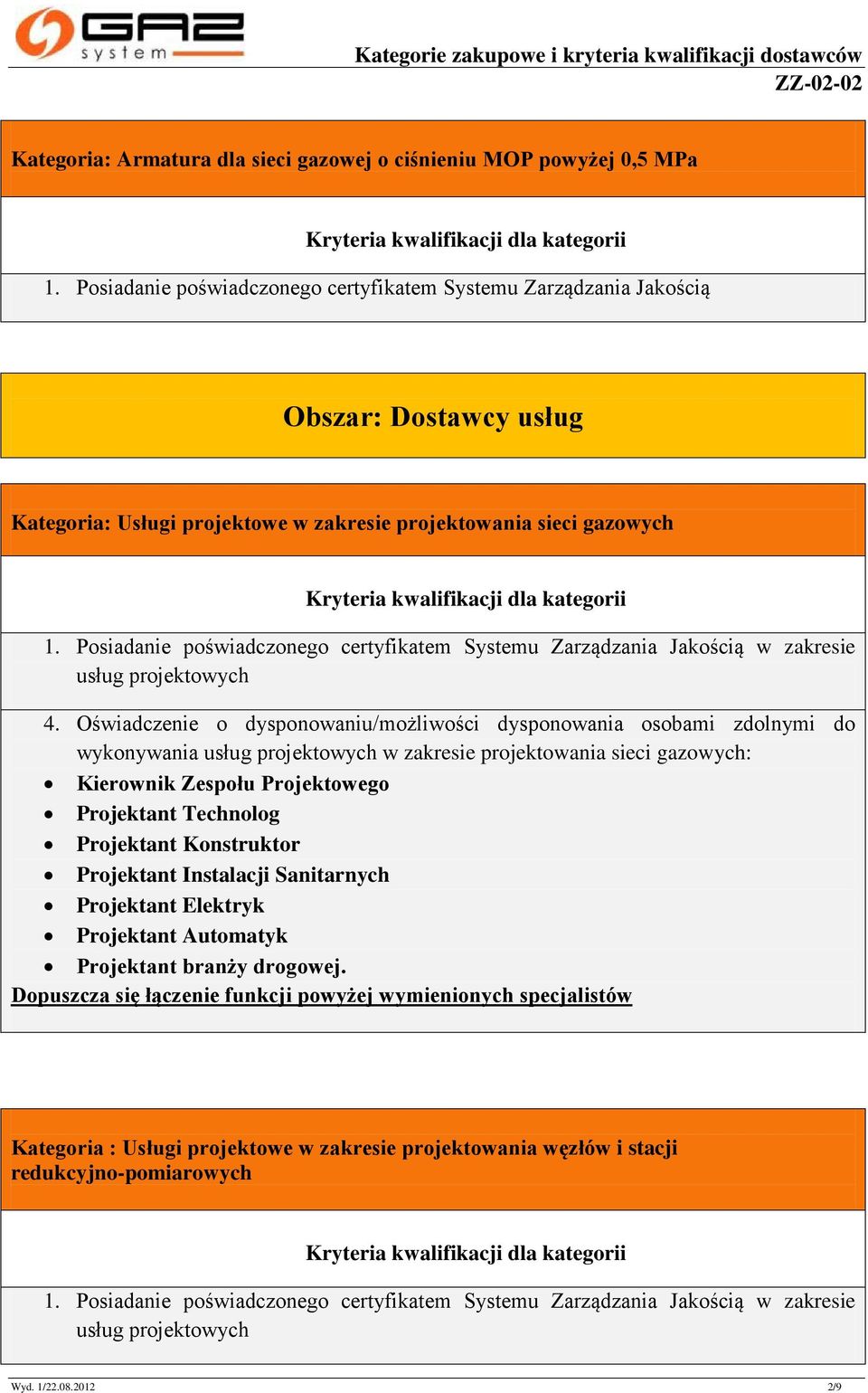 Oświadczenie o dysponowaniu/możliwości dysponowania osobami zdolnymi do wykonywania usług projektowych w zakresie projektowania sieci gazowych: Kierownik Zespołu