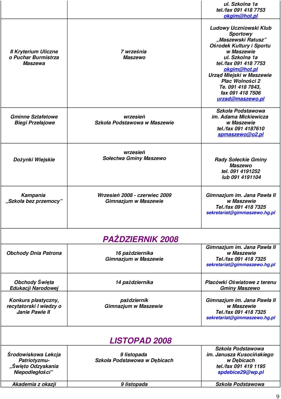 091 4191252 lub 091 4191104 Kampania Szkoła bez przemocy Wrzesień 2008 - czerwiec 2009 Gimnazjum Obchody Dnia Patrona PAŹDZIERNIK 2008 16 października Gimnazjum Obchody Święta Edukacji Narodowej