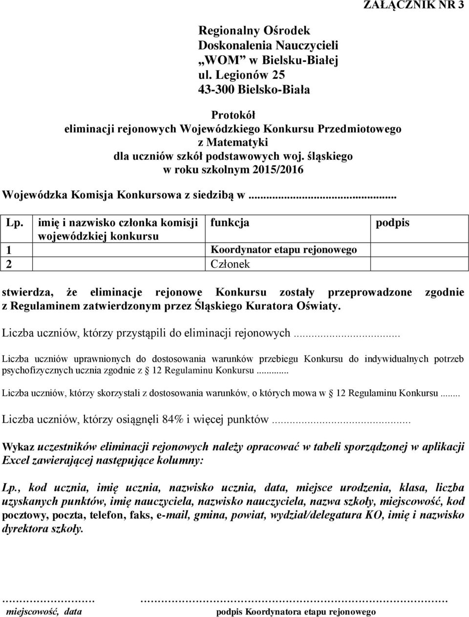 imię i nazwisko członka komisji wojewódzkiej konkursu funkcja 1 Koordynator etapu rejonowego 2 Członek podpis stwierdza, że eliminacje rejonowe Konkursu zostały przeprowadzone zgodnie z Regulaminem