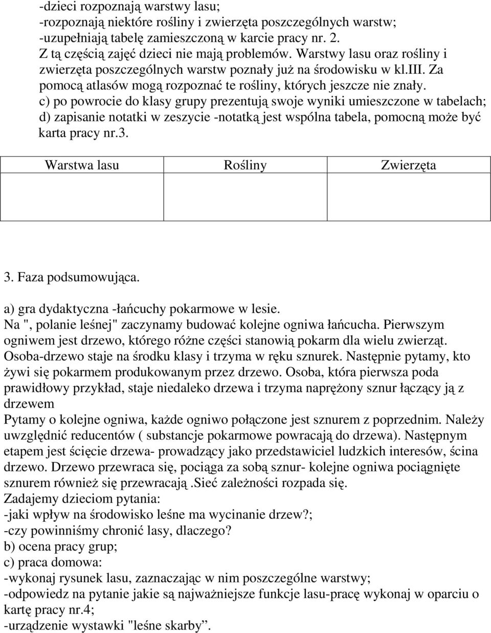 c) po powrocie do klasy grupy prezentują swoje wyniki umieszczone w tabelach; d) zapisanie notatki w zeszycie -notatką jest wspólna tabela, pomocną może być karta pracy nr.3.