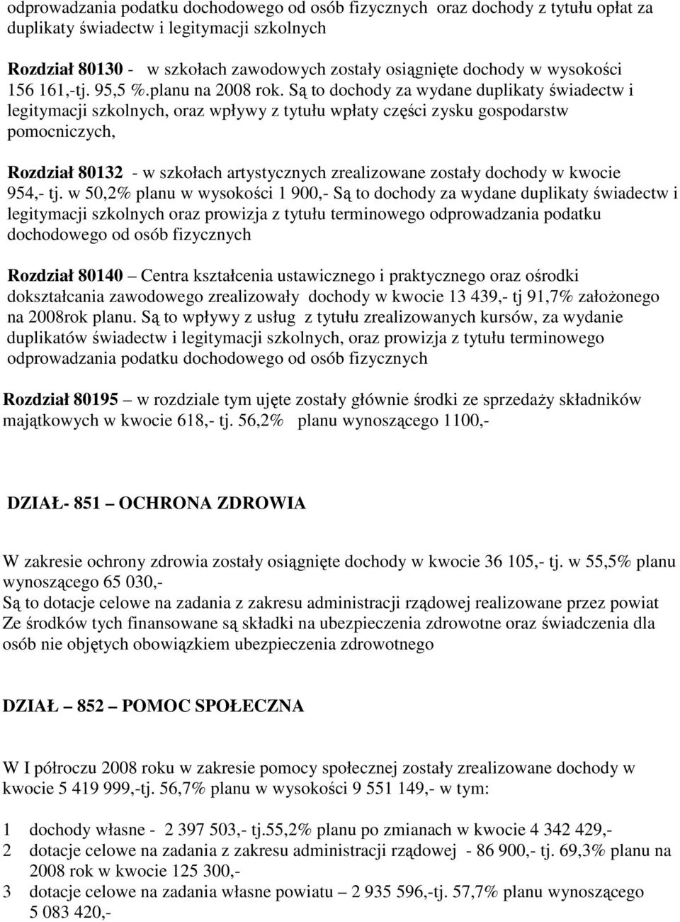 Są to dochody za wydane duplikaty świadectw i legitymacji szkolnych, oraz wpływy z tytułu wpłaty części zysku gospodarstw pomocniczych, Rozdział 80132 - w szkołach artystycznych zrealizowane zostały