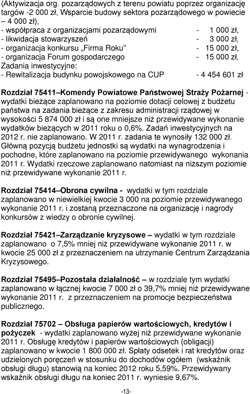 stowarzyszeń - 3 000 zł, - organizacja konkursu Firma Roku - 15 000 zł, - organizacja Forum gospodarczego - 15 000 zł, Zadania inwestycyjne: - Rewitalizacja budynku powojskowego na CUP - 4 454 601 zł