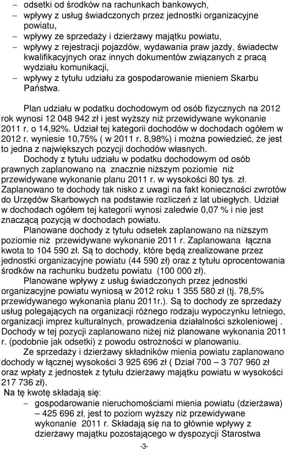 Plan udziału w podatku dochodowym od osób fizycznych na 2012 rok wynosi 12 048 942 zł i jest wyższy niż przewidywane wykonanie 2011 r. o 14,92%.