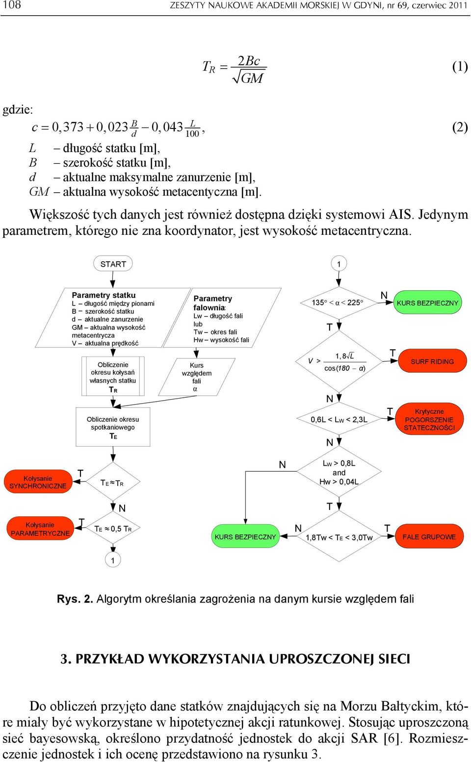 SAR 1 Parametry statku: L długość między pionami B szerokość statku d aktualne zanurzenie GM aktualna wysokość metacentrycza V aktualna prędkość Obliczenie okresu kołysań własnych statku R Obliczenie