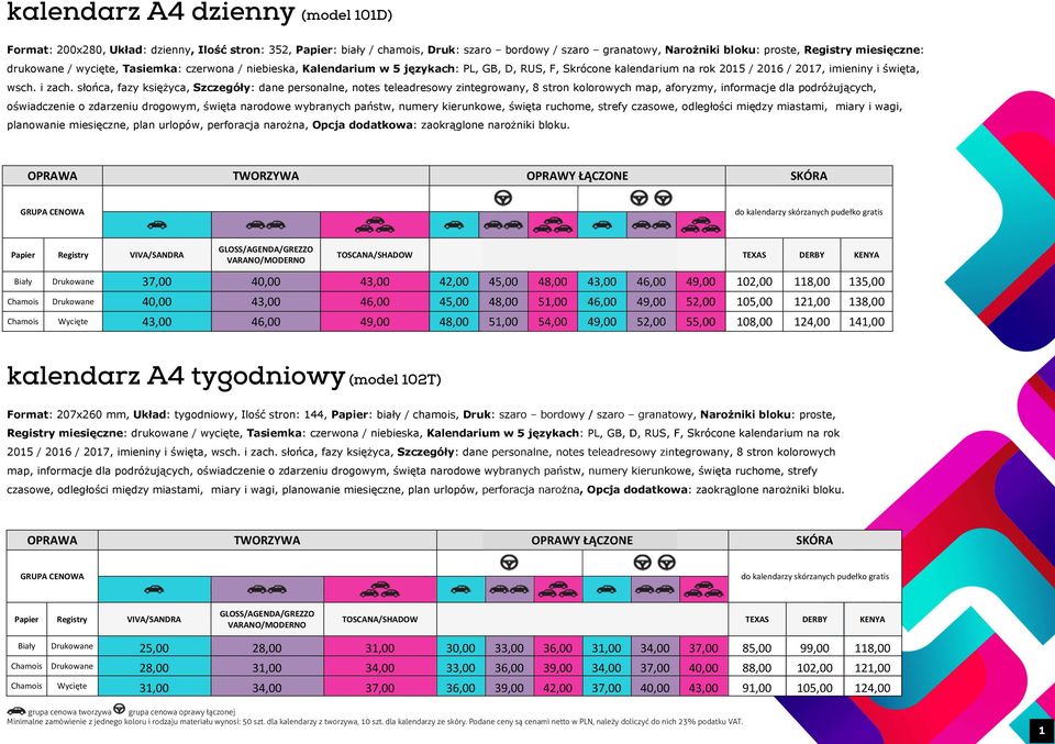 słońca, fazy księżyca, Szczegóły: dane personalne, notes teleadresowy zintegrowany, 8 stron kolorowych map, aforyzmy, informacje dla podróżujących, oświadczenie o zdarzeniu drogowym, święta narodowe