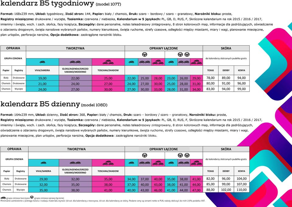 słońca, fazy księżyca, Szczegóły: dane personalne, notes teleadresowy zintegrowany, 8 stron kolorowych map, informacje dla podróżujących, oświadczenie o zdarzeniu drogowym, święta narodowe wybranych