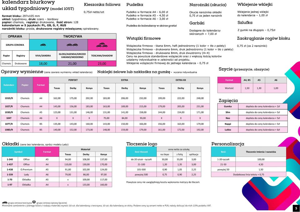 OPRAWA TWORZYWA Pudełka Pudełko w formacie A4 6,00 zł Pudełko w formacie A5 4,50 zł Pudełko w formacie A6 3,00 zł Pudełka do kalendarzy w skórze gratis!