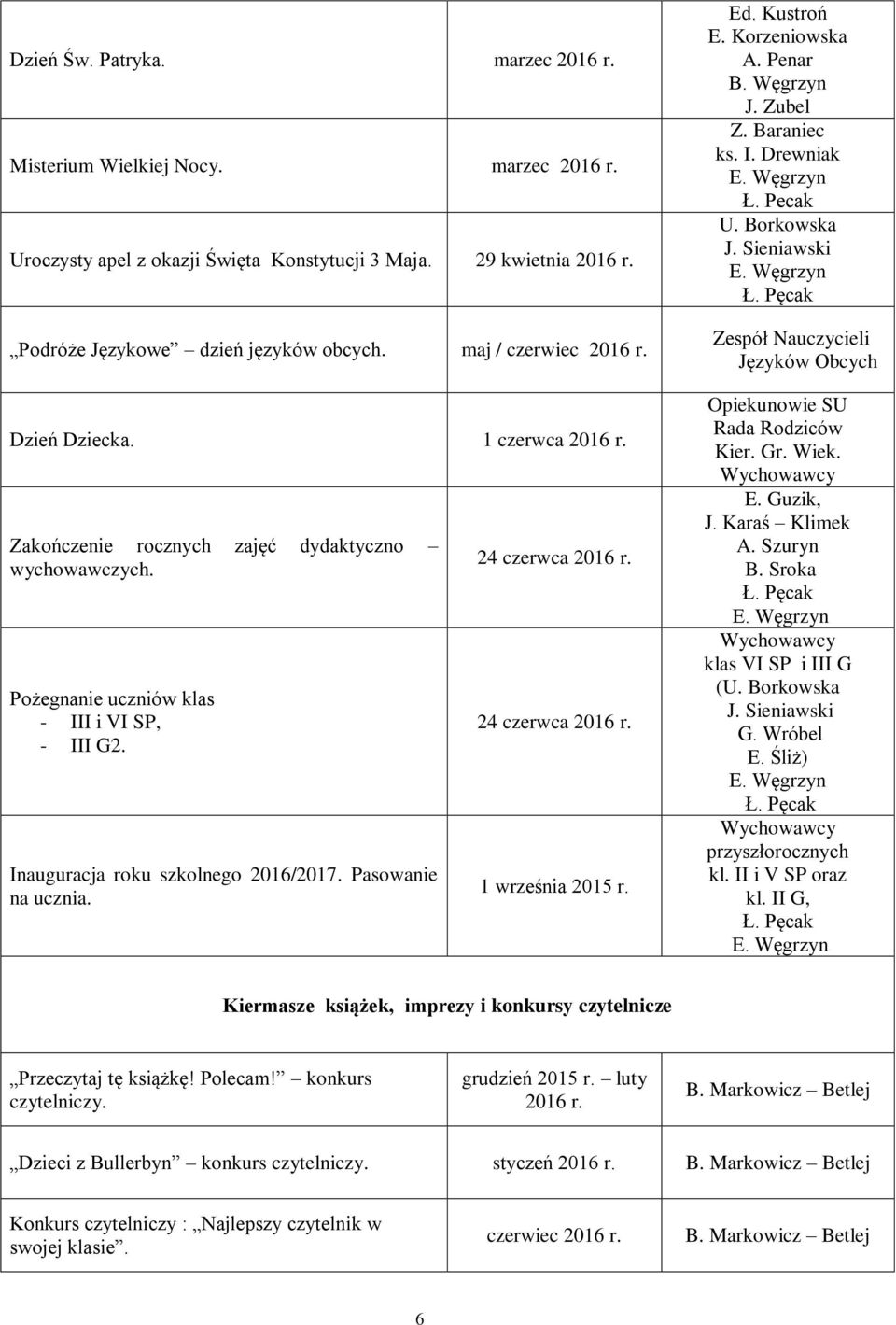 24 czerwca 24 czerwca 1 września 2015 r. Ed. Kustroń E. Korzeniowska A. Penar B. Węgrzyn J. Zubel Z. Baraniec ks. I. Drewniak Ł. Pecak U. Borkowska J.