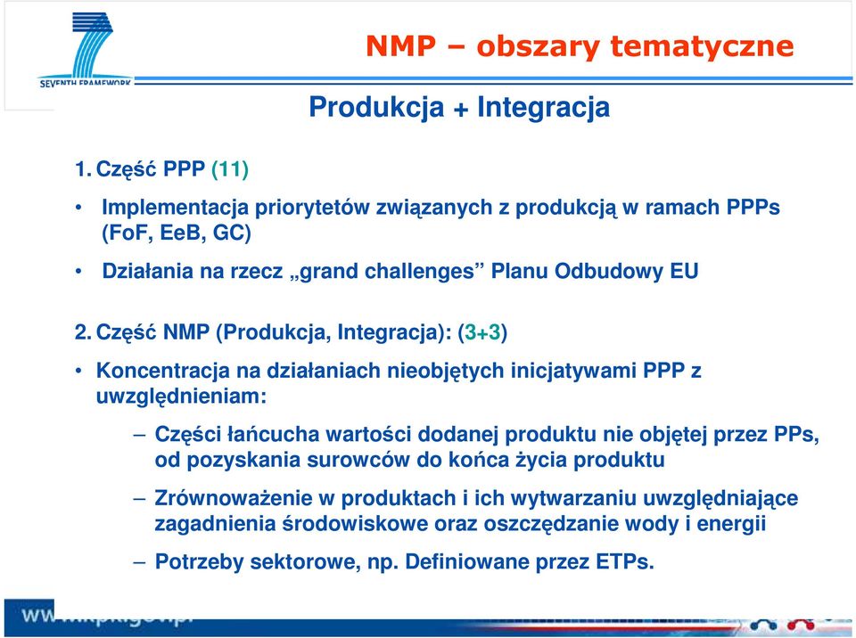 2. Część NMP (Produkcja, Integracja): (3+3) Koncentracja na działaniach nieobjętych inicjatywami PPP z uwzględnieniam: Części łańcucha wartości