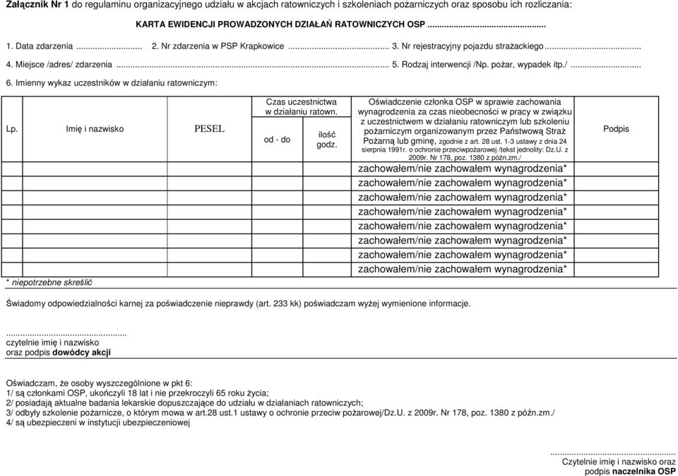 Imienny wykaz uczestników w działaniu ratowniczym: Lp. Imię i nazwisko PESEL * niepotrzebne skreślić Czas uczestnictwa w działaniu ratown. od - do ilość godz.