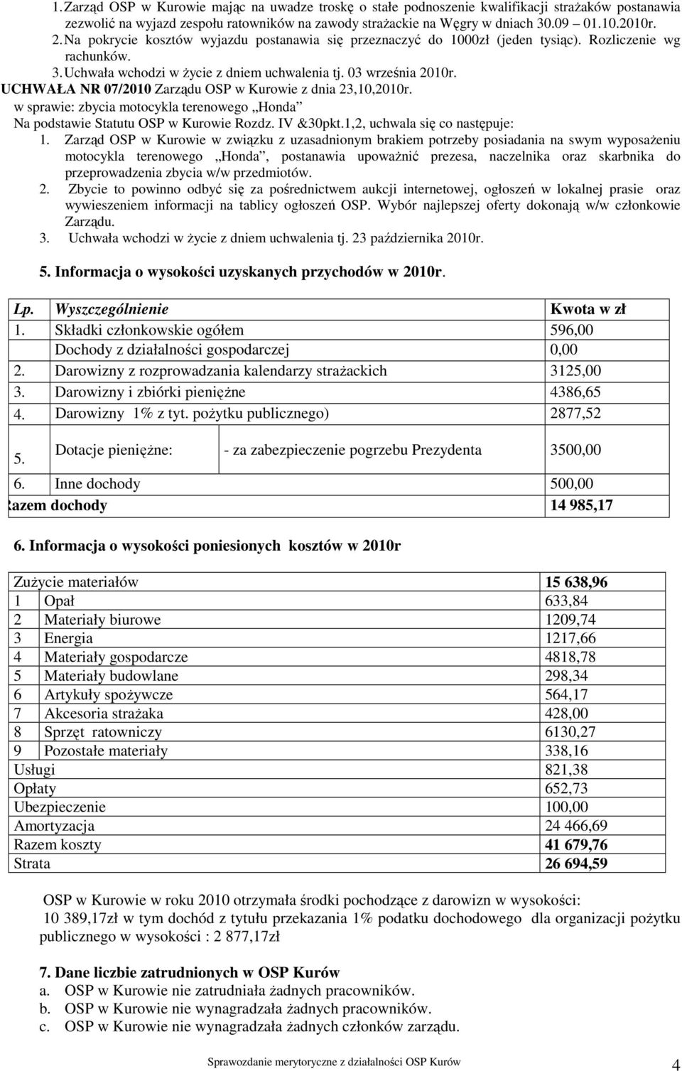 UCHWAŁA NR 07/2010 Zarządu OSP w Kurowie z dnia 23,10,2010r. w sprawie: zbycia motocykla terenowego Honda Na podstawie Statutu OSP w Kurowie Rozdz. IV &30pkt.1,2, uchwala się co następuje: 1.