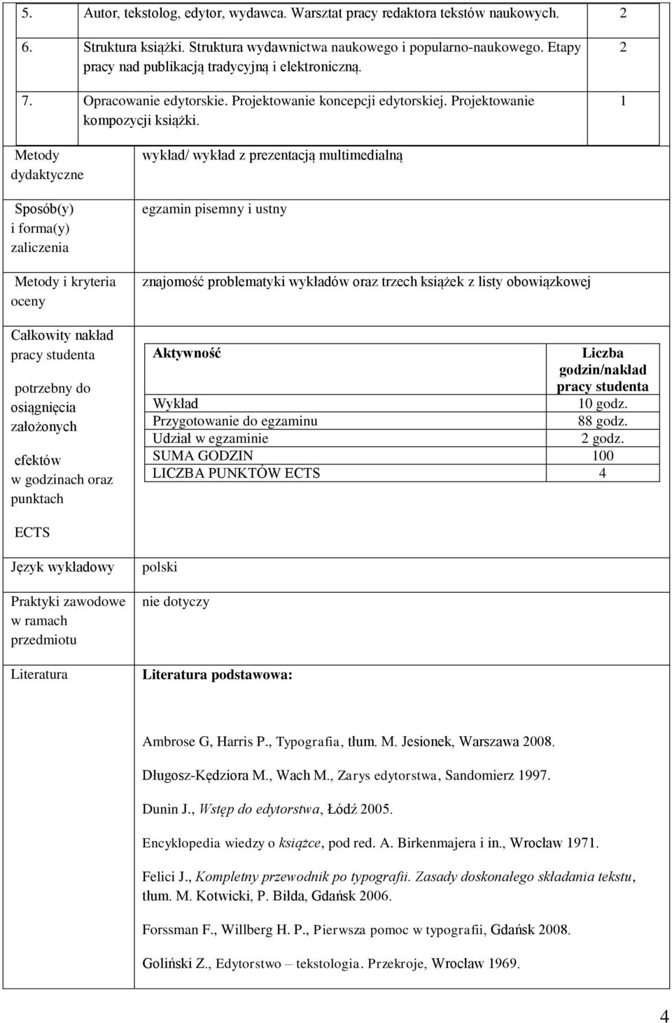 2 Metody dydaktyczne Sposób(y) i forma(y) zaliczenia Metody i kryteria oceny Całkowity nakład pracy studenta potrzebny do osiągnięcia założonych efektów w godzinach oraz punktach wykład/ wykład z