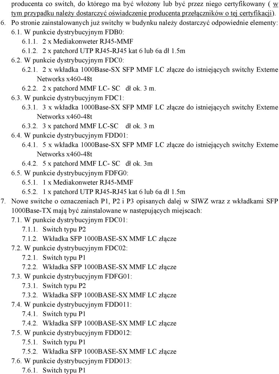 5m 6.2. W punkcie dystrybucyjnym FDC0: 6.2.1. 2 x wkładka 1000Base-SX SFP MMF LC złącze do istniejących switchy Exteme Networks x460-48t 6.2.2. 2 x patchord MMF LC- SC dł ok. 3 