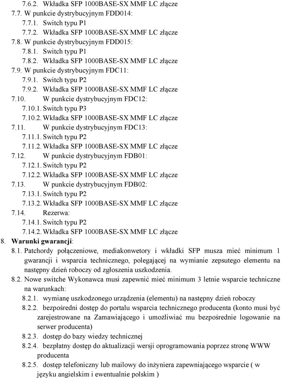 11.1. Switch typu P2 7.11.2. Wkładka SFP 1000BASE-SX MMF LC złącze 7.12. W punkcie dystrybucyjnym FDB01: 7.12.1. Switch typu P2 7.12.2. Wkładka SFP 1000BASE-SX MMF LC złącze 7.13.