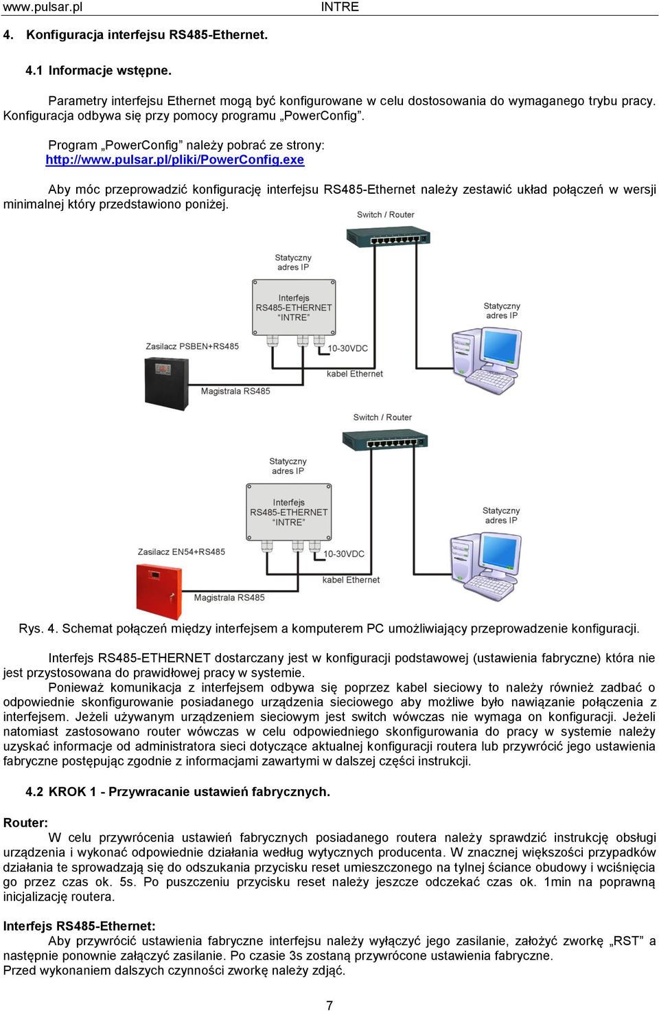 exe Aby móc przeprowadzić konfigurację interfejsu RS485-Ethernet należy zestawić układ połączeń w wersji minimalnej który przedstawiono poniżej. Rys. 4.