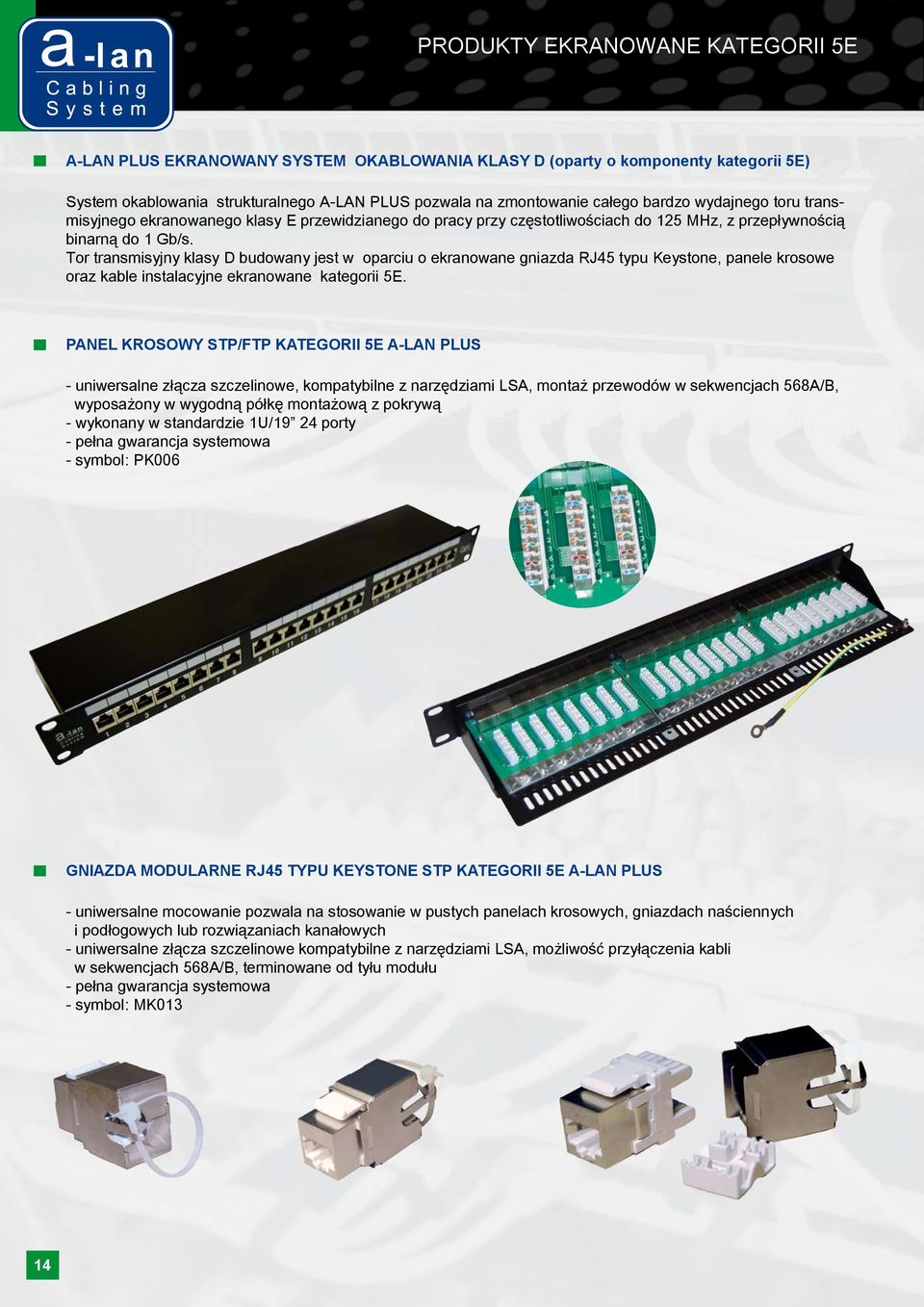 Tor transmisyjny klasy D budowany jest w oparciu o ekranowane gniazda RJ45 typu Keystone, panele krosowe oraz kable instalacyjne ekranowane kategorii 5E.