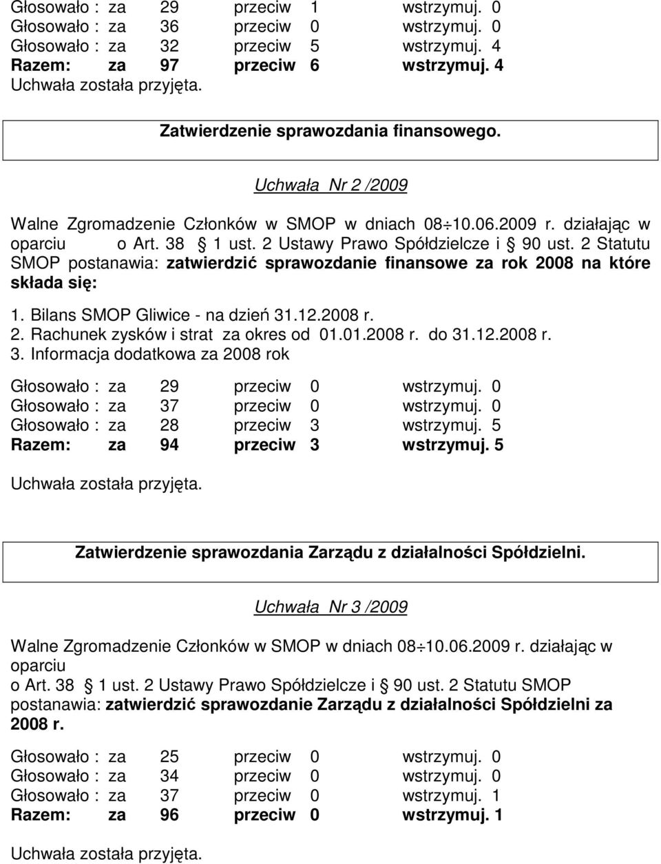 Bilans SMOP Gliwice - na dzień 31.12.2008 r. 2. Rachunek zysków i strat za okres od 01.01.2008 r. do 31.12.2008 r. 3. Informacja dodatkowa za 2008 rok Głosowało : za 29 przeciw 0 wstrzymuj.