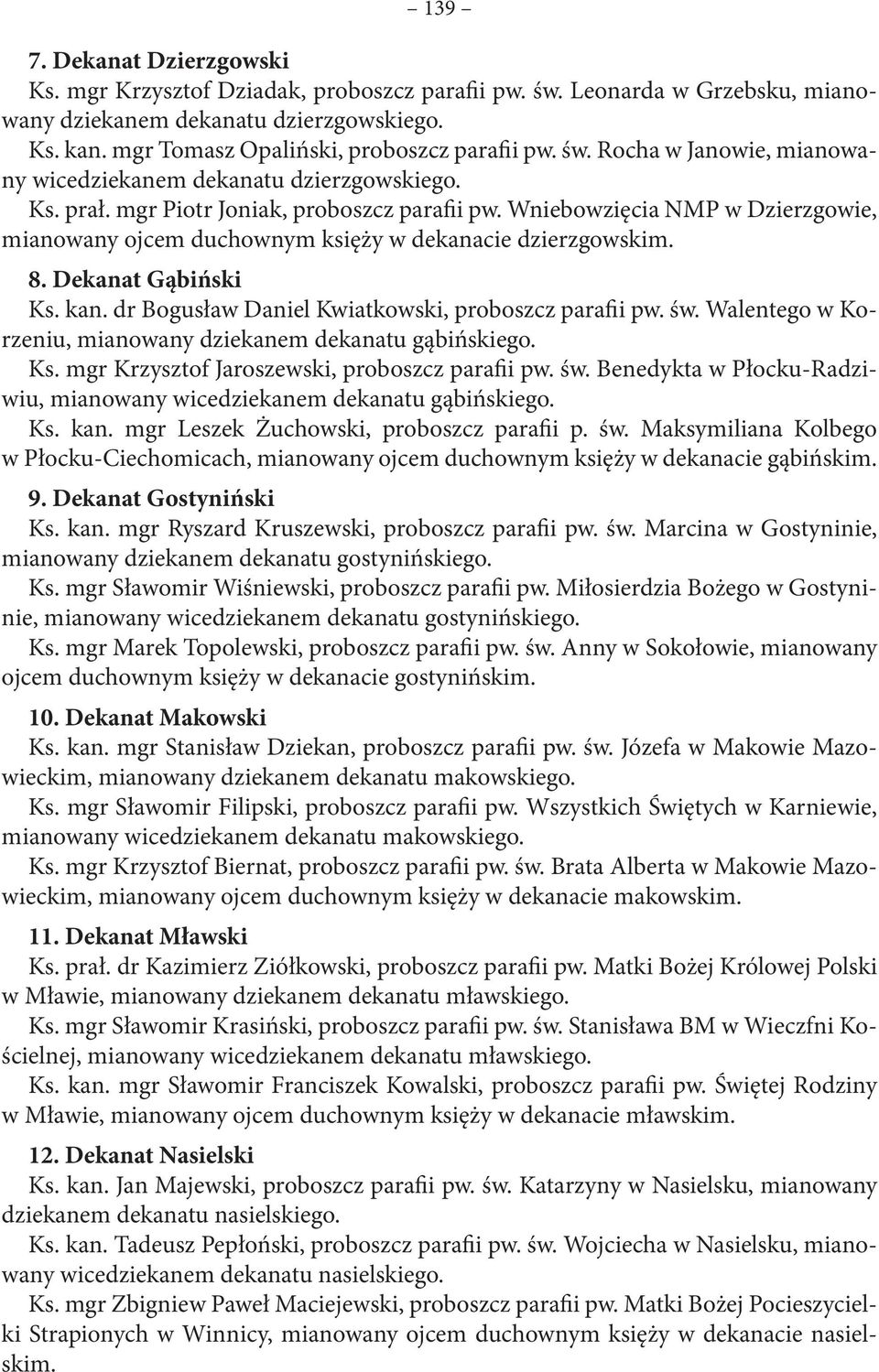 Wniebowzięcia NMP w Dzierzgowie, mianowany ojcem duchownym księży w dekanacie dzierzgowskim. 8. Dekanat Gąbiński Ks. kan. dr Bogusław Daniel Kwiatkowski, proboszcz parafii pw. św.