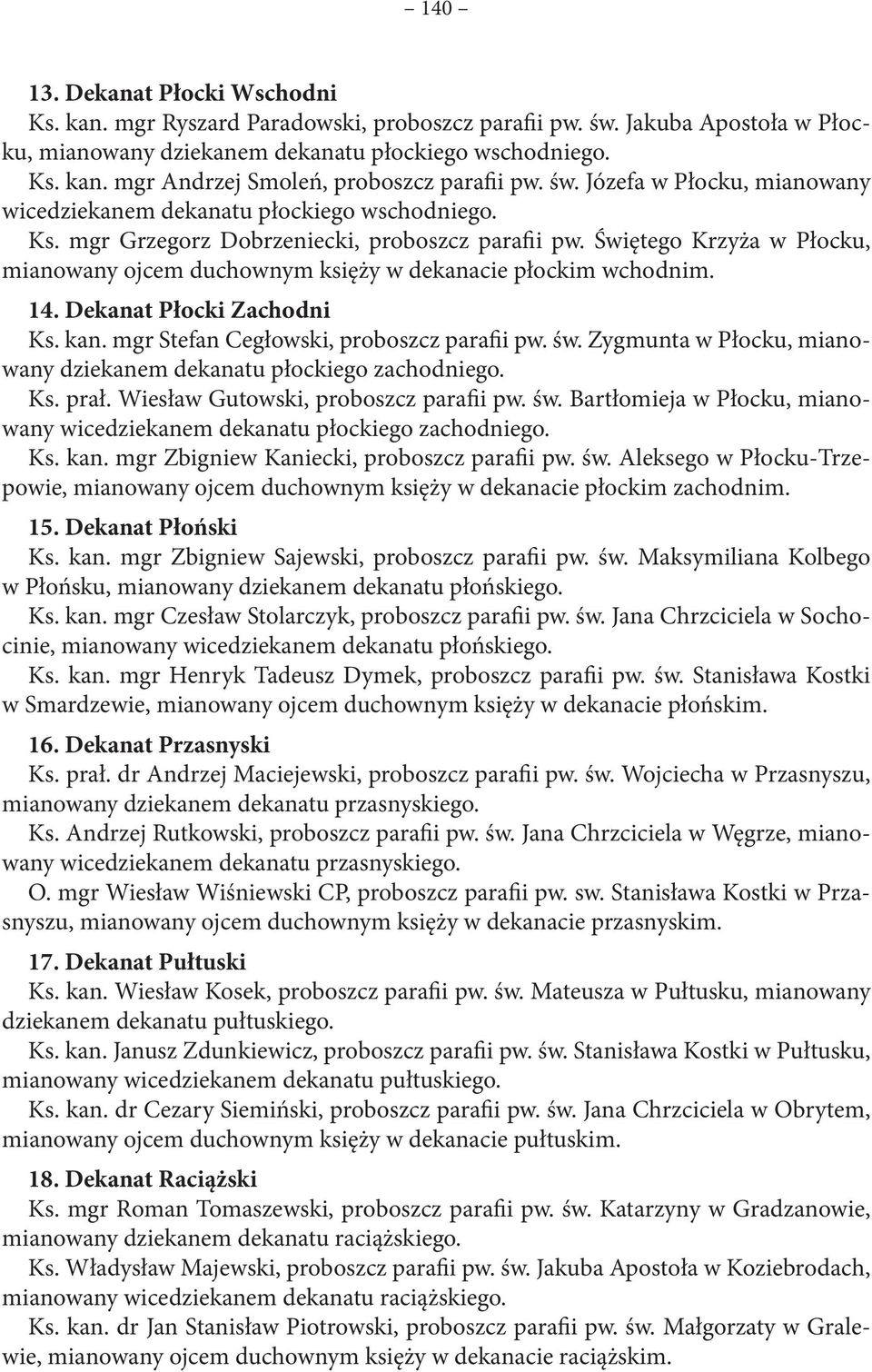 Świętego Krzyża w Płocku, mianowany ojcem duchownym księży w dekanacie płockim wchodnim. 14. Dekanat Płocki Zachodni Ks. kan. mgr Stefan Cegłowski, proboszcz parafii pw. św.
