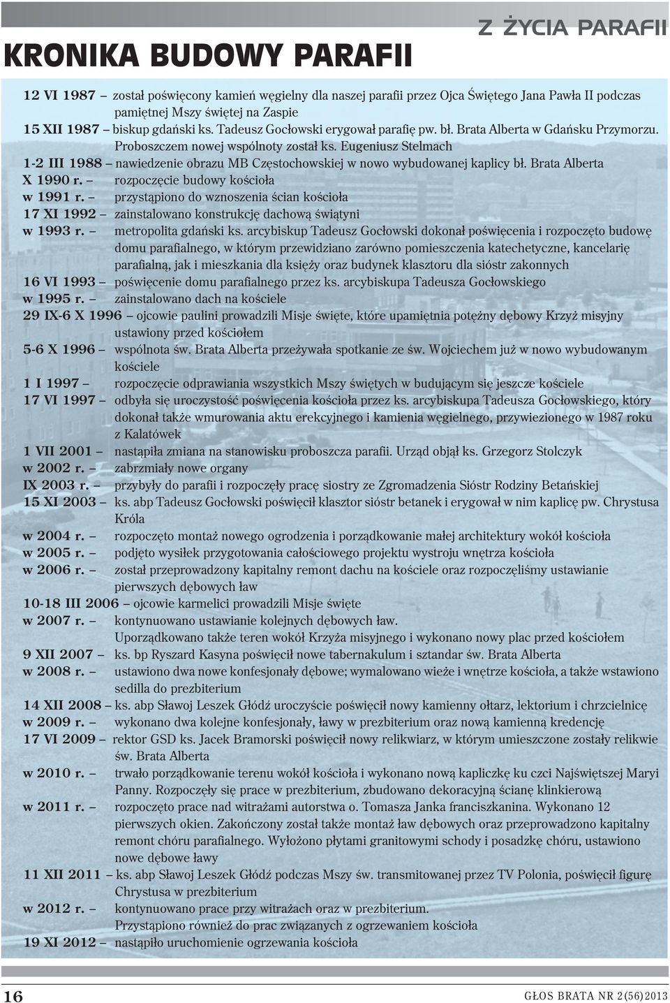 Eugeniusz Stelmach 1 2 III 1988 nawiedzenie obrazu MB Częstochowskiej w nowo wybudowanej kaplicy bł. Brata Alberta X 1990 r. rozpoczęcie budowy kościoła w 1991 r.