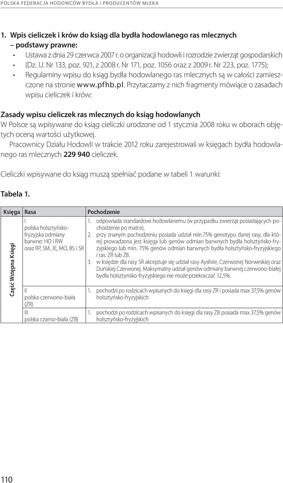 1775); Regulaminy wpisu do ksiąg bydła hodowlanego ras mlecznych są w całości zamieszczone na stronie www.pfhb.pl.