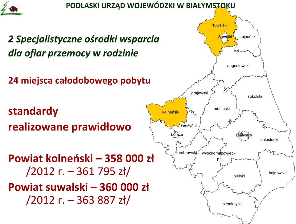 realizowane prawidłowo Powiat kolneński 358 000 zł /2012